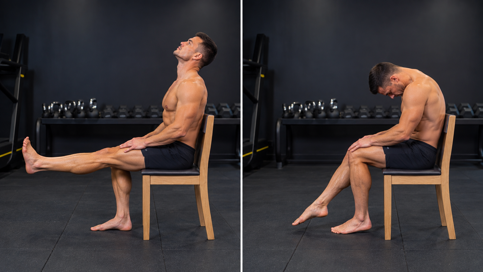 Glissement du nerf sciatique assis sur une chaise : genou tendu tête relevée, puis genou plié tête baissée