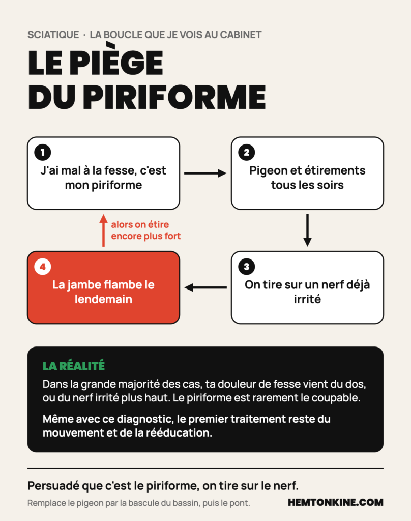 Le piège du piriforme : on a mal à la fesse et on accuse le piriforme, on l'étire tous les soirs, on tire sur un nerf déjà irrité, la jambe flambe le lendemain, alors on étire encore plus fort. En réalité, la douleur de fesse vient le plus souvent du dos ou du nerf irrité plus haut, et le premier traitement reste du mouvement et de la rééducation.