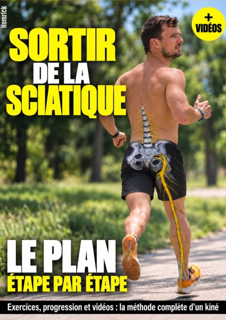 Couverture de l'ebook Sortir de la sciatique, le plan étape par étape d'Hemrick, kiné, avec exercices, progression et vidéos